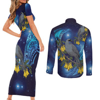 New Zealand Kokako Bird Couples Matching Short Sleeve Bodycon Dress and Long Sleeve Button Shirt Kowhai Galaxy Style Polynesian Pattern LT22 - Polynesian Pride