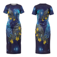 New Zealand Kokako Bird Couples Matching Short Sleeve Bodycon Dress and Long Sleeve Button Shirt Kowhai Galaxy Style Polynesian Pattern LT22 - Polynesian Pride