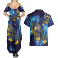 New Zealand Kokako Bird Couples Matching Summer Maxi Dress and Hawaiian Shirt Kowhai Galaxy Style Polynesian Pattern LT22 - Polynesian Pride