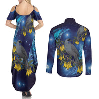 New Zealand Kokako Bird Couples Matching Summer Maxi Dress and Long Sleeve Button Shirt Kowhai Galaxy Style Polynesian Pattern LT22 - Polynesian Pride
