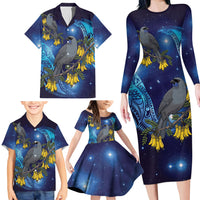 New Zealand Kokako Bird Family Matching Long Sleeve Bodycon Dress and Hawaiian Shirt Kowhai Galaxy Style Polynesian Pattern LT22 - Polynesian Pride