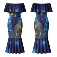 New Zealand Kokako Bird Family Matching Mermaid Dress and Hawaiian Shirt Kowhai Galaxy Style Polynesian Pattern LT22 Mom's Dress Blue - Polynesian Pride