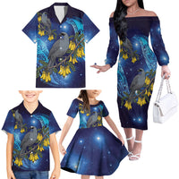 New Zealand Kokako Bird Family Matching Off The Shoulder Long Sleeve Dress and Hawaiian Shirt Kowhai Galaxy Style Polynesian Pattern LT22 - Polynesian Pride