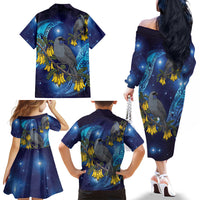 New Zealand Kokako Bird Family Matching Off The Shoulder Long Sleeve Dress and Hawaiian Shirt Kowhai Galaxy Style Polynesian Pattern LT22 - Polynesian Pride