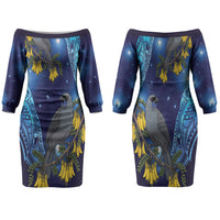 New Zealand Kokako Bird Family Matching Off The Shoulder Long Sleeve Dress and Hawaiian Shirt Kowhai Galaxy Style Polynesian Pattern LT22 Mom's Dress Blue - Polynesian Pride