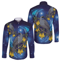 New Zealand Kokako Bird Family Matching Off Shoulder Maxi Dress and Hawaiian Shirt Kowhai Galaxy Style Polynesian Pattern LT22 Dad's Shirt - Long Sleeve Blue - Polynesian Pride
