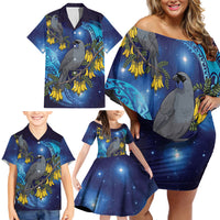 New Zealand Kokako Bird Family Matching Off Shoulder Short Dress and Hawaiian Shirt Kowhai Galaxy Style Polynesian Pattern LT22 - Polynesian Pride