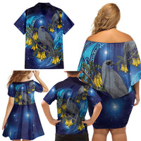 New Zealand Kokako Bird Family Matching Off Shoulder Short Dress and Hawaiian Shirt Kowhai Galaxy Style Polynesian Pattern LT22 - Polynesian Pride