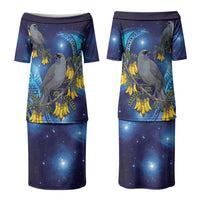 New Zealand Kokako Bird Family Matching Puletasi and Hawaiian Shirt Kowhai Galaxy Style Polynesian Pattern LT22 Mom's Dress Blue - Polynesian Pride