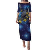 New Zealand Kokako Bird Family Matching Puletasi and Hawaiian Shirt Kowhai Galaxy Style Polynesian Pattern LT22 Mom's Dress Blue - Polynesian Pride