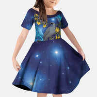 New Zealand Kokako Bird Family Matching Short Sleeve Bodycon Dress and Hawaiian Shirt Kowhai Galaxy Style Polynesian Pattern LT22 Daughter's Dress Blue - Polynesian Pride