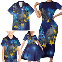 New Zealand Kokako Bird Family Matching Short Sleeve Bodycon Dress and Hawaiian Shirt Kowhai Galaxy Style Polynesian Pattern LT22 - Polynesian Pride