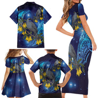 New Zealand Kokako Bird Family Matching Short Sleeve Bodycon Dress and Hawaiian Shirt Kowhai Galaxy Style Polynesian Pattern LT22 - Polynesian Pride