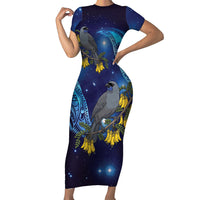 New Zealand Kokako Bird Family Matching Short Sleeve Bodycon Dress and Hawaiian Shirt Kowhai Galaxy Style Polynesian Pattern LT22 Mom's Dress Blue - Polynesian Pride