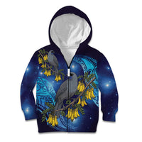 New Zealand Kokako Bird Kid Hoodie Kowhai Galaxy Style Polynesian Pattern LT22 Zip Hoodie Blue - Polynesian Pride