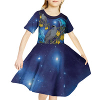 New Zealand Kokako Bird Kid Short Sleeve Dress Kowhai Galaxy Style Polynesian Pattern LT22 - Polynesian Pride