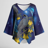 New Zealand Kokako Bird Kimono Sleeve Blouse Kowhai Galaxy Style Polynesian Pattern LT22 Female Blue - Polynesian Pride