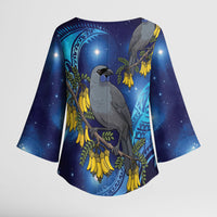 New Zealand Kokako Bird Kimono Sleeve Blouse Kowhai Galaxy Style Polynesian Pattern LT22 - Polynesian Pride