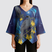 New Zealand Kokako Bird Kimono Sleeve Blouse Kowhai Galaxy Style Polynesian Pattern LT22 - Polynesian Pride