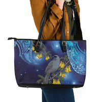 New Zealand Kokako Bird Leather Tote Bag Kowhai Galaxy Style Polynesian Pattern LT22 - Polynesian Pride