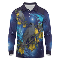 New Zealand Kokako Bird Long Sleeve Polo Shirt Kowhai Galaxy Style Polynesian Pattern LT22 Blue - Polynesian Pride