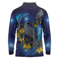 New Zealand Kokako Bird Long Sleeve Polo Shirt Kowhai Galaxy Style Polynesian Pattern LT22 - Polynesian Pride