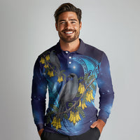 New Zealand Kokako Bird Long Sleeve Polo Shirt Kowhai Galaxy Style Polynesian Pattern LT22 - Polynesian Pride