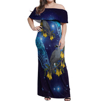 New Zealand Kokako Bird Off Shoulder Maxi Dress Kowhai Galaxy Style Polynesian Pattern LT22 Women Blue - Polynesian Pride