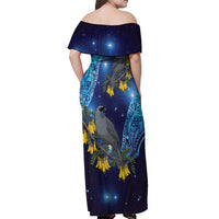 New Zealand Kokako Bird Off Shoulder Maxi Dress Kowhai Galaxy Style Polynesian Pattern LT22 - Polynesian Pride