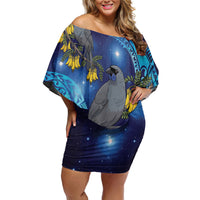 New Zealand Kokako Bird Off Shoulder Short Dress Kowhai Galaxy Style Polynesian Pattern LT22 Women Blue - Polynesian Pride