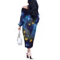 New Zealand Kokako Bird Off The Shoulder Long Sleeve Dress Kowhai Galaxy Style Polynesian Pattern LT22 - Polynesian Pride