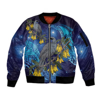 New Zealand Kokako Bird Sleeve Zip Bomber Jacket Kowhai Galaxy Style Polynesian Pattern LT22 Unisex Blue - Polynesian Pride
