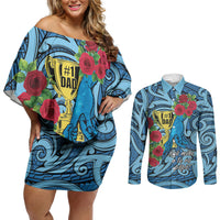 Personalised New Zealand Father's Day Couples Matching Off Shoulder Short Dress and Long Sleeve Button Shirt Best Dad Trophy Red Rose Maori Pattern LT22 Blue - Polynesian Pride