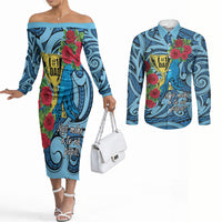 Personalised New Zealand Father's Day Couples Matching Off The Shoulder Long Sleeve Dress and Long Sleeve Button Shirt Best Dad Trophy Red Rose Maori Pattern LT22 Blue - Polynesian Pride