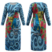 Personalised New Zealand Father's Day Family Matching Long Sleeve Bodycon Dress and Hawaiian Shirt Best Dad Trophy Red Rose Maori Pattern LT22 Mom's Dress Blue - Polynesian Pride