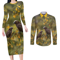 New Zealand Kaka Bird Couples Matching Long Sleeve Bodycon Dress and Long Sleeve Button Shirt Kowhai Flower Landscape Style