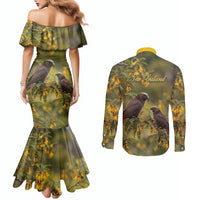 New Zealand Kaka Bird Couples Matching Mermaid Dress and Long Sleeve Button Shirt Kowhai Flower Landscape Style