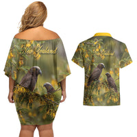 New Zealand Kaka Bird Couples Matching Off Shoulder Short Dress and Hawaiian Shirt Kowhai Flower Landscape Style