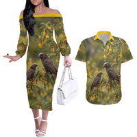 New Zealand Kaka Bird Couples Matching Off The Shoulder Long Sleeve Dress and Hawaiian Shirt Kowhai Flower Landscape Style