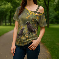 New Zealand Kaka Bird Cross Shoulder Shirt Kowhai Flower Landscape Style