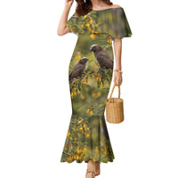 New Zealand Kaka Bird Family Matching Mermaid Dress and Hawaiian Shirt Kowhai Flower Landscape Style