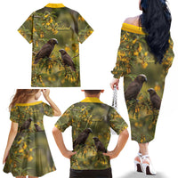 New Zealand Kaka Bird Family Matching Off The Shoulder Long Sleeve Dress and Hawaiian Shirt Kowhai Flower Landscape Style