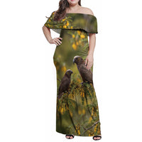 New Zealand Kaka Bird Family Matching Off Shoulder Maxi Dress and Hawaiian Shirt Kowhai Flower Landscape Style