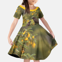 New Zealand Kaka Bird Family Matching Off Shoulder Short Dress and Hawaiian Shirt Kowhai Flower Landscape Style