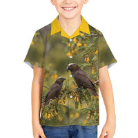 New Zealand Kaka Bird Family Matching Off Shoulder Short Dress and Hawaiian Shirt Kowhai Flower Landscape Style