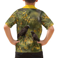 New Zealand Kaka Bird Family Matching Short Sleeve Bodycon Dress and Hawaiian Shirt Kowhai Flower Landscape Style