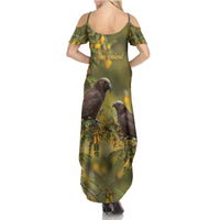 New Zealand Kaka Bird Family Matching Summer Maxi Dress and Hawaiian Shirt Kowhai Flower Landscape Style