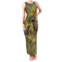 New Zealand Kaka Bird Family Matching Tank Maxi Dress and Hawaiian Shirt Kowhai Flower Landscape Style