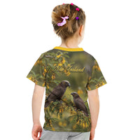 New Zealand Kaka Bird Kid T Shirt Kowhai Flower Landscape Style LT22 - Polynesian Pride