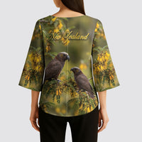 New Zealand Kaka Bird Kimono Sleeve Blouse Kowhai Flower Landscape Style LT22 - Polynesian Pride